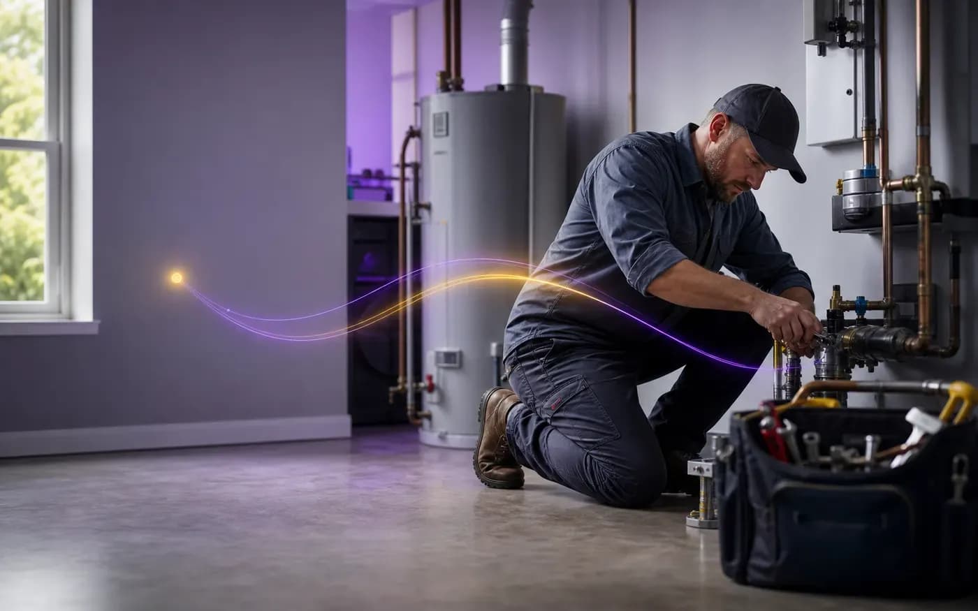 Plumbing technician working near residential pipework while Cleiro captures an urgent incoming call.